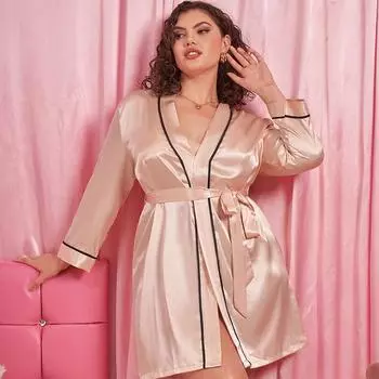 Увеличенный банный халат, свободная повседневная пижама из искусственного шелка, женская домашняя одежда, простой кардиган, пижама со шнуровкой 1XL