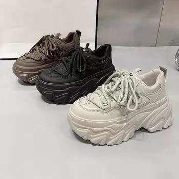 Увеличить рост 8 см Толстая подошва Pops Shoes Осень Круглая Голова Ремешки Сто с Повседневная Обувь 35 бежевый