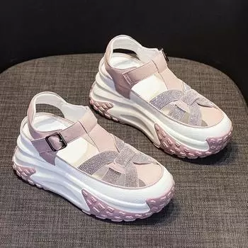 Увеличить высоту обувь женские 2025 сандалии со стразами полые с толстой подошвой и универсальной повязкой на голову спортивные маленькие белые туфли 33 белый