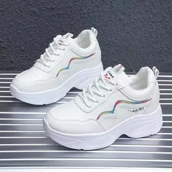 Увеличивающие рост стельки папы туфли женские корейский стиль универсальные новые осенние толстые кожаные повседневные спортивные белые туфли-лодочки 35