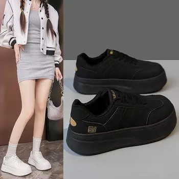 Увеличивающие рост толстые туфли на платформе женские летние 2024 года новые ретро-обувь для хлеба универсальные студенческие спортивные белые туфли прилив 35 чёрный