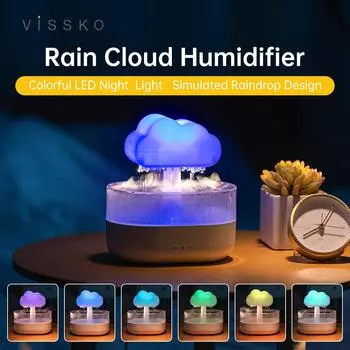 Увлажнитель воздуха Vissko Rain Cloud, 200 мл, эфирные масла, ароматический диффузор с каплями воды и красочным ночником, грибной увлажнитель
