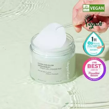 [Увлажняющее успокаивающее средство] Vegan Effect Clean & Glow Green Barley First LHA Toner Pads 60 листов, популярная взрывная косметика в Корее