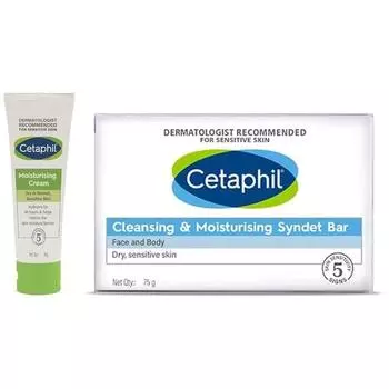 Увлажняющий крем для лица и тела Cetaphil, для сухой и нормальной кожи, 80 г и очищающее и увлажняющее мыло Cetaphil VVF India Syndet, 75 г