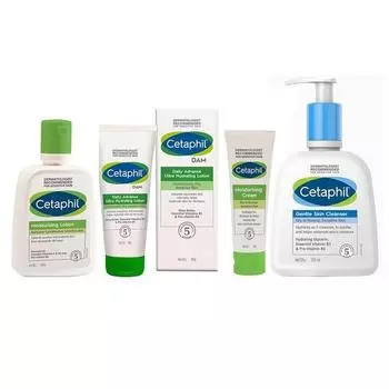 Увлажняющий лосьон Cetaphil 100 мл, DAM 100 г, увлажняющий крем 80 г и нежное очищающее средство для кожи 250 мл, комплект