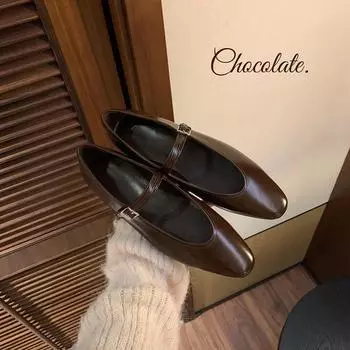 Увядшие туфли Мэри Джейн с мелким носком, женские мокасины, женские туфли на плоской подошве, французские ретро-женские туфли с пряжкой из кожи 35 чёрный