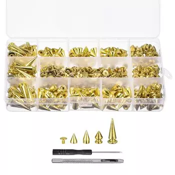 uxcell 180 комплектов гвоздей для кукурузы 4 размера, гвозди и шпильки, набор заклепок для кожи, для изделий из кожи, одежды, обуви, поясных сумок с инструментами для установки, золото
