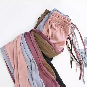 Уксусная кислота Широкие брюки для женщин Летние тонкие брюки с высокой талией Однотонные свободные атласные повседневные брюки Прямые брюки из ледяного шелка M чёрный