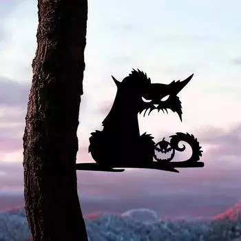 Ужасная тыква, злой кот на ветке, стальной силуэт, металлическое настенное искусство - наружное украшение для дома, сада, двора, патио светло-серый