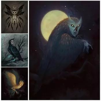 Ужасное человеческое лицо, птица под луной, ретро-арт, принт, готический ужас, эльф, настенное искусство, холст, живопись, волшебство, поклонение, плакат 21cm30cm NoFrame