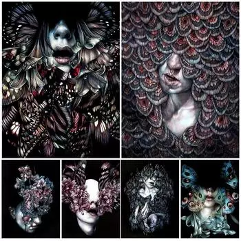 Ужасные плотные бабочки и девушка абстрактная настенная живопись холст таинственная темная бабочка и цветок мелок постер печать без рамки 21*30cm