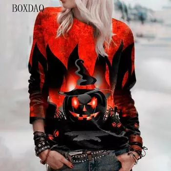 Ужасный узор тыквы женские футболки на Хэллоуин осень зима длинный рукав 3D принт уличные женские футболки 6XL плюс размер повседневные топы S