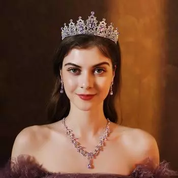 Ужин танцевальный комплект ювелирных изделий ожерелье серьги корона свадебное платье из трех частей фиолетовое бриллиантовое свадебное ожерелье