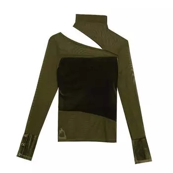 Узкая футболка с длинными рукавами, сексуальная сетчатая рубашка на основе для женщин, весенний новый бархатный ажурный пуловер S