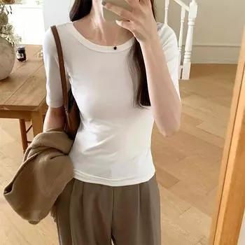 Узкая однотонная футболка с круглым вырезом и средним рукавом для женщин, осенняя новая дизайнерская футболка Niche Hot Girl Top Bottoming Shirt S