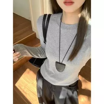 Узкая рубашка с круглым вырезом и длинными рукавами для женщин, осень 2024, новый дизайн, ребристая футболка с верхом на правом плече S