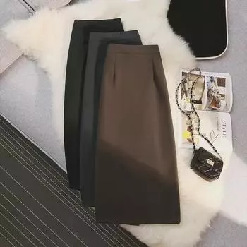 Узкая шерстяная юбка с высокой талией и разрезом для женщин - А-силуэт средней длины, стиль осень/зима Large чёрный