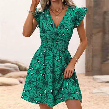 Узкая талия V-образный вырез женская одежда платье без рукавов юбка А-силуэта лето сексуальное S зелёный