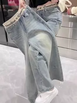 Узкие эластичные прямые джинсы женские, новинка 2024 года, летние утягивающие брюки для мытья полов, большие размеры, широкие брюки с вышивкой, закрывающие мясо S синий