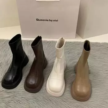 Узкие белые ботинки Martin на толстой подошве Женские ботинки Французские маленькие босоножки Хаки Короткие ботинки Весенние одинарные ботинки 35 бежевый