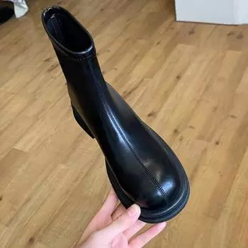 Узкие ботинки женские ботильоны черные осенне-зимние ботинки с круглым носком на платформе эластичные ботинки на блочном каблуке 35