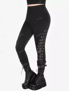 Узкие брюки без застежек Rosegal с кружевной вставкой и шнуровкой в готическом стиле M чёрный