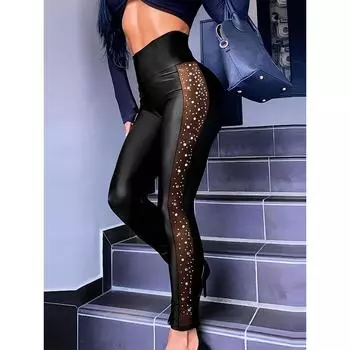 Узкие брюки из блестящей сетки со стразами — модные женские модные брюки с высокой талией XL(12) чёрный