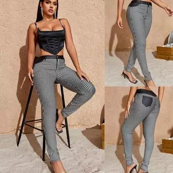 Узкие брюки из искусственной кожи Rose Beauty с накладной панелью на талии и полосатым принтом XS чёрный