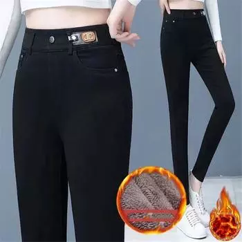 Узкие брюки-карандаш с бархатной подкладкой Vaqueros Winter High Talya Elegant Casual Korea Vintage Jeans Snow Wear Strecth Sexy Denim M