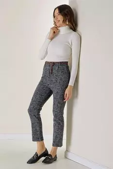 Узкие брюки с эластичной резинкой на талии и боковым карманом со стеклянным узором и поясом