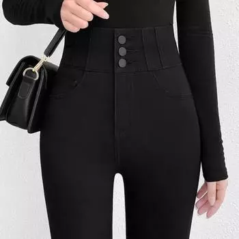 Узкие черные брюки с высокой талией. Верхняя одежда. Весна и осень. Маленькие брюки-карандаш с 3 пуговицами. Тонкие брюки с защитой от катышков. Сто с длинными брюками. S чёрный