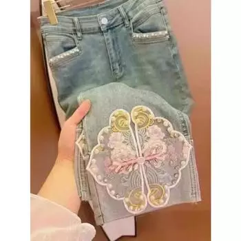 Узкие джинсы Cheongsam с вышивкой жемчугом, женские джинсовые брюки с высокой талией, летние джинсовые брюки больших размеров 3XL S синий