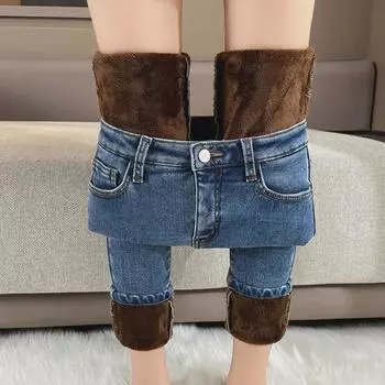 Узкие джинсы с высокой талией для женщин: Приталенный фасон карандаш с плотным бархатом на весну, осень и зиму 2023 года. 29