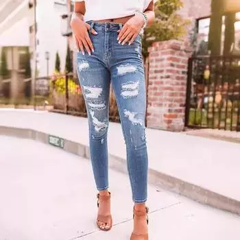 Узкие джинсы с высокой талией и рваными краями S синий