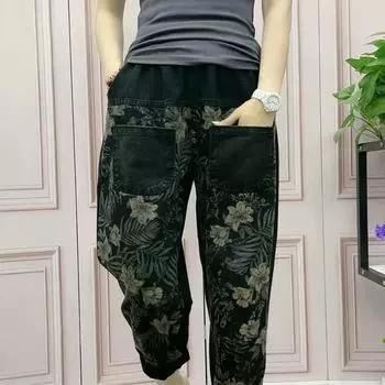 Узкие джинсы-шаровары с цветочным принтом и эластичным поясом, женские джинсовые брюки с высокой талией, летние джинсовые брюки размера плюс 4XL M