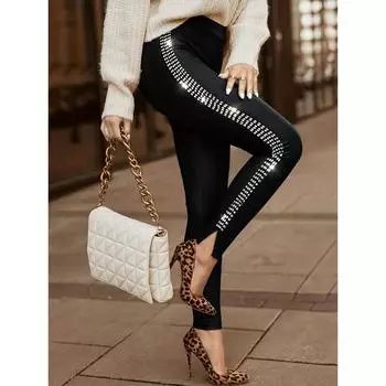 Узкие леггинсы со стразами по бокам, элегантные леггинсы на весну и осень, женская одежда S чёрный