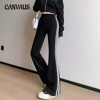 Узкие полосатые микробрюки с высокой талией, повседневные расклешенные брюки для женщин M чёрный