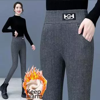 Узкие прямые брюки с высокой талией для осени/зимы - повседневные брюки из утолщенного бархата для женщин среднего возраста 3XL чёрный