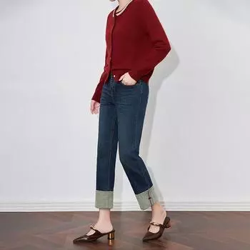 «Узкие прямые джинсы Nanyou с вышитыми бархатными манжетами — женский зимний стиль» Small синий