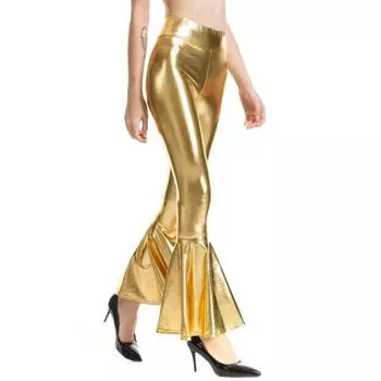 Узкие расклешенные брюки из глянцевой искусственной кожи, леггинсы градиентного цвета с высокой талией, сексуальные длинные брюки для ночного клуба M золотистый