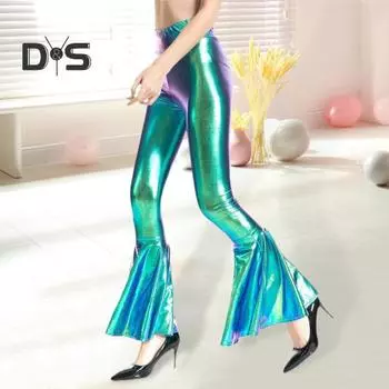 Узкие расклешенные брюки из глянцевой искусственной кожи, леггинсы градиентного цвета с высокой талией, сексуальные длинные брюки для ночного клуба M
