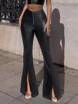 Узкие расклешенные брюки из искусственной кожи Rose Beauty A Rave с высокой талией, широким поясом, декоративным швом, молнией спереди XS чёрный