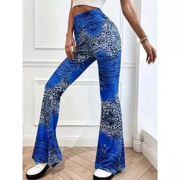 Узкие расклешенные брюки с леопардовым принтом, повседневные брюки с высокой талией, женская одежда S синий