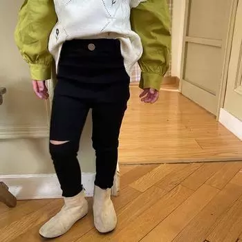 Узкие рваные джинсы для девочек, повседневные удобные брюки 7