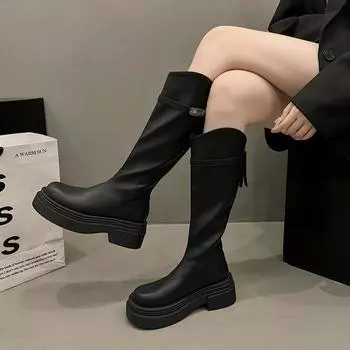 Узкие рыцарские сапоги с V-образным вырезом женские 2024 толстый каблук, но сапоги до колена осенние сапоги на толстой подошве в британском стиле эластичные тонкие сапоги 35