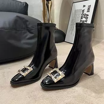 Узкие сапоги средней длины со стразами, женские туфли с квадратным носком, высокие каблуки большого размера, эластичные короткие сапоги для женщин, толстый каблук 34