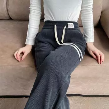 Узкие широкие брюки с начесом и утолщением весна, осень и зима 2024 новые маленькие повседневные прямые женские брюки из шенилла оптом M