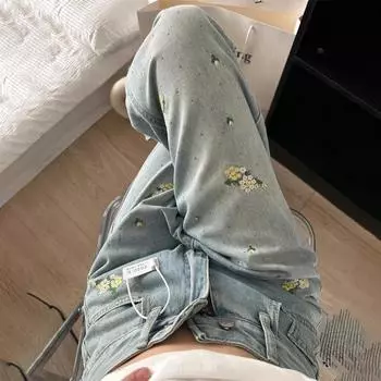 Узкие широкие джинсы больших размеров в американском стиле, женские весенне-летние новые свободные утягивающие прямые брюки для полных девушек S синий