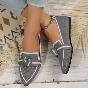 Узкие туфли большого размера 43 на плоской подошве, женские, вязаные, с одной педалью, бант, повседневные, дышащие, женские туфли 36 серый