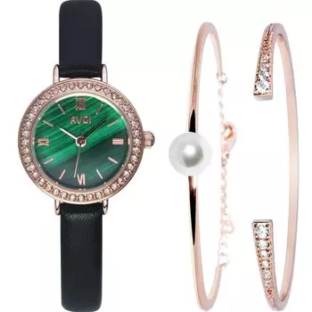 Узкий браслет в комплекте [AVGI] Женские часы, водонепроницаемые, стильные, ремешок, зелёный